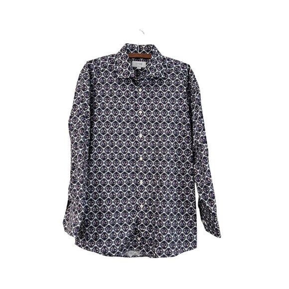 Eton Mens Signature Twill Slim Blue Brown Printed Long Sleeve Button Shirt L